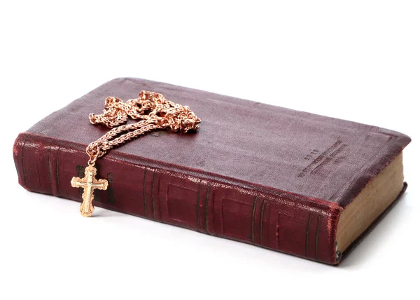 Antico Libro Religioso Una Croce Oro Con Crocifisso Una Catena — Foto Stock
