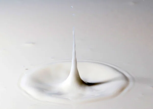 Une Goutte Liquide Tombe Surface Lait Crée Des Motifs Fantaisistes — Photo