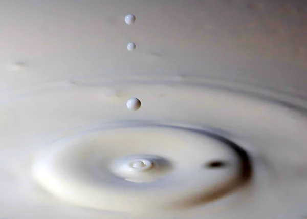 Een Druppel Vloeistof Valt Het Oppervlak Van Melk Creëert Grillige — Stockfoto