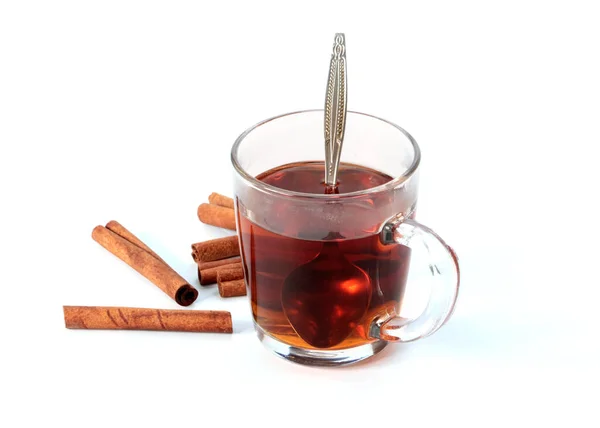 Tasse Verre Avec Thé Noir Bâtonnets Cannelle Séchés — Photo