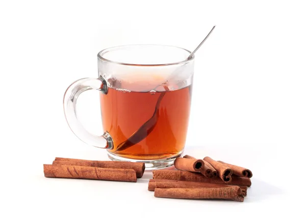 Glass Cup Black Tea Dried Cinnamon Sticks — Stock Photo, Image