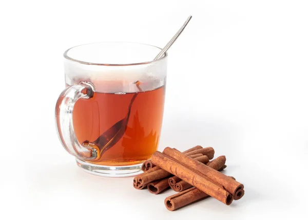 Glass Cup Black Tea Dried Cinnamon Sticks — Stock Photo, Image