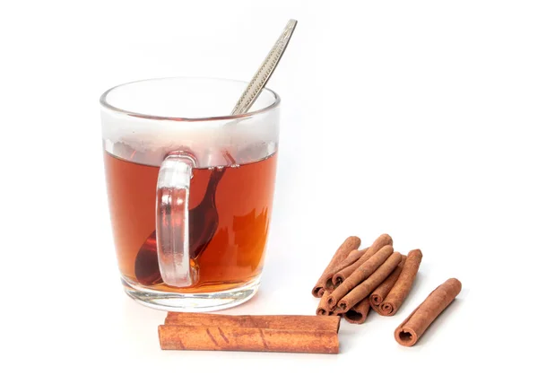 Glass Cup Black Tea Dried Cinnamon Sticks — Stock Photo, Image
