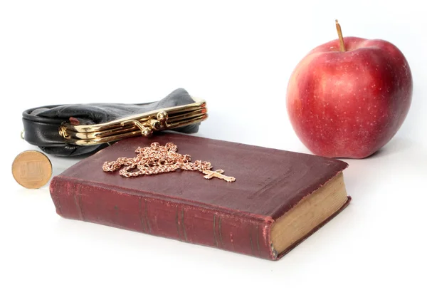 Ripe Apple Next Purse Metal Coin Religious Book Golden Cross — Stock Photo, Image