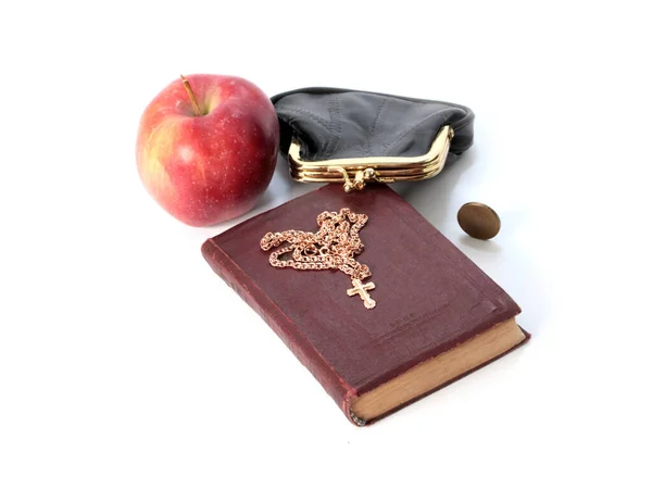 Ripe Apple Next Purse Metal Coin Religious Book Golden Cross — Stock Photo, Image