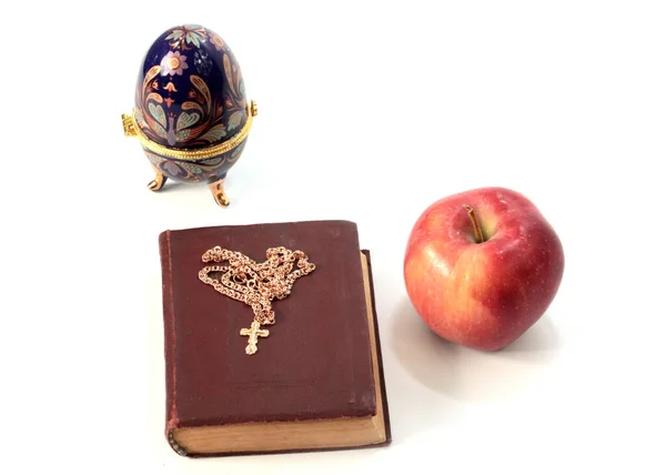 Ripe Apple Next Religious Book Golden Cross Easter Egg — Stock Photo, Image