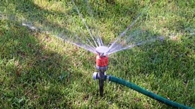 Çimleri sularken plastik spreyden temiz su fışkırıyor.