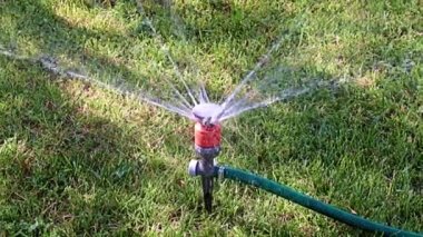 Çimleri sularken plastik spreyden temiz su fışkırıyor.