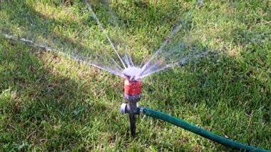 Çimleri sularken plastik spreyden temiz su fışkırıyor.