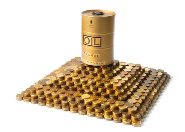 Pile Metal Coins Russian Ruble Barrel Oil Symbol Unstable Economy — Stock Photo, Image