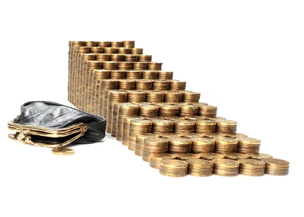 Монеты Укладываются Лестницу Старый Кожаный Кошелек Российские Рубли Нищего — стоковое фото