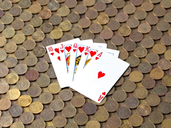 Poker Oynarken Kağıt Oynamanın Kazanan Kombinasyonu Rus Rublesinin Düzlemindedir — Stok fotoğraf