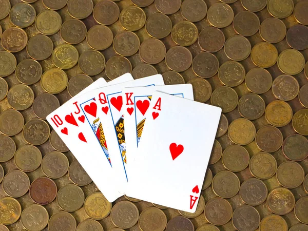 Combinação Vencedora Jogar Cartas Jogar Poker Está Avião Das Moedas — Fotografia de Stock
