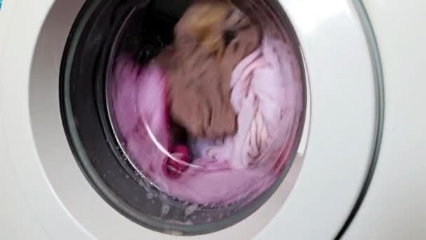 Rotação Tambor Máquina Lavar Roupa Durante Lavagem Roupas — Vídeo de Stock