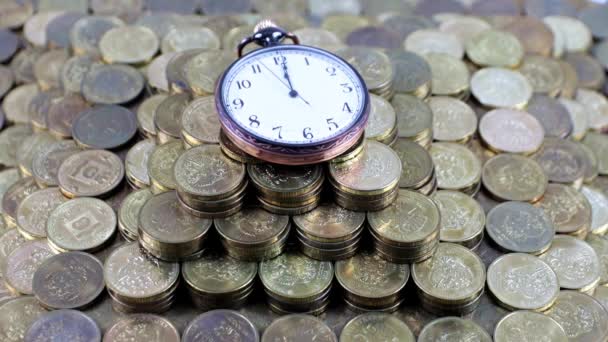 Movement Second Hand Pocket Antique Watch Located Pyramid Metal Coins — Stock Video