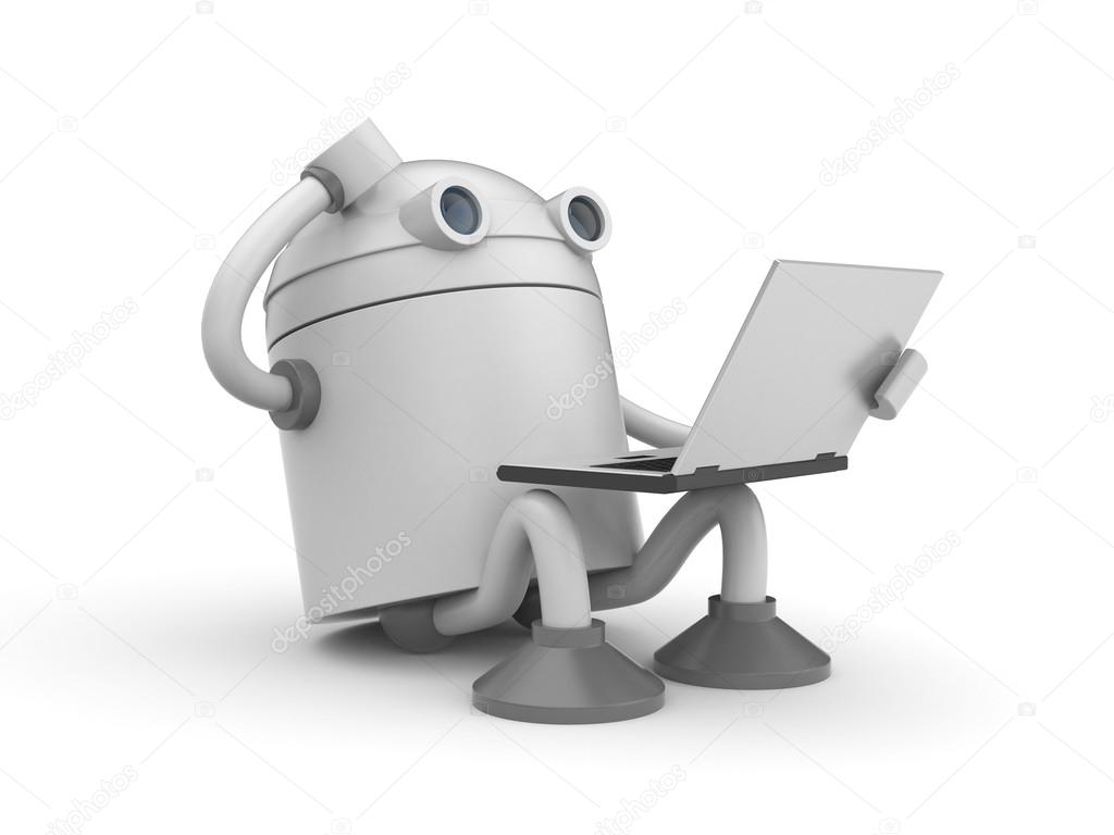 robot with laptop thinking  