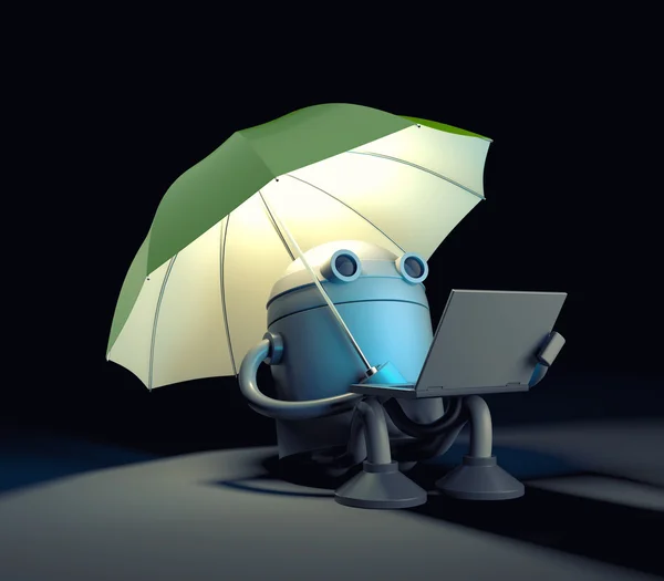 Робот с зонтиком и ноутбуком — стоковое фото