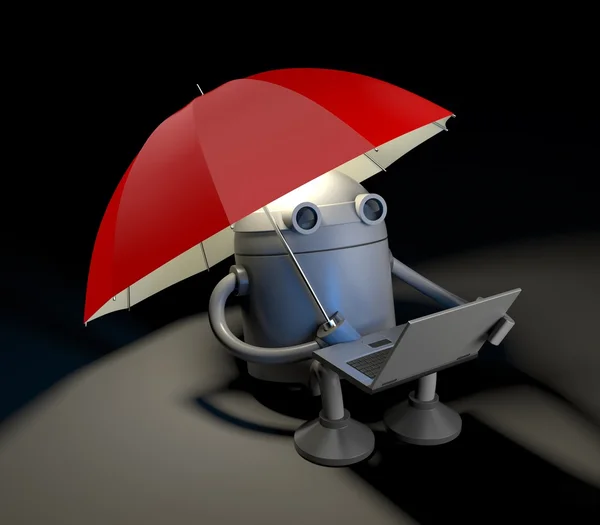 Robot with laptop under umbrella — Stock Photo, Image