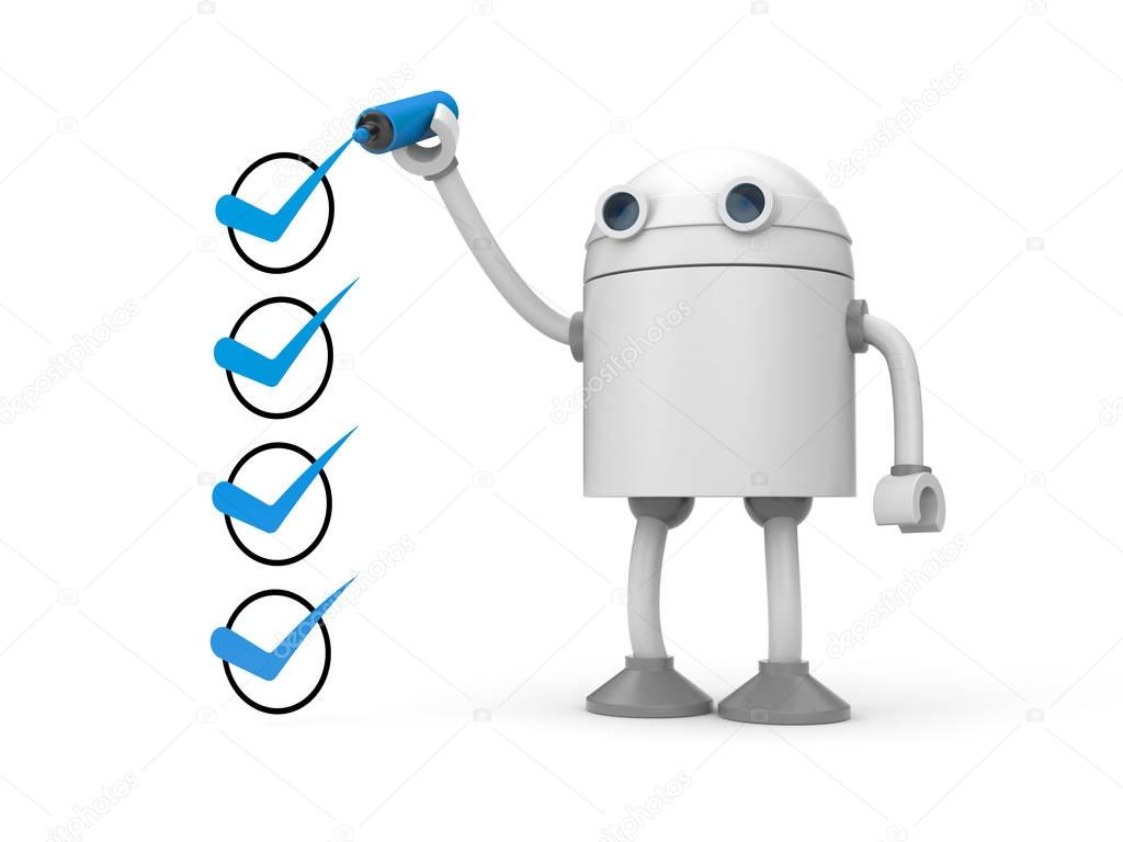 Robot and green checkmarks. 