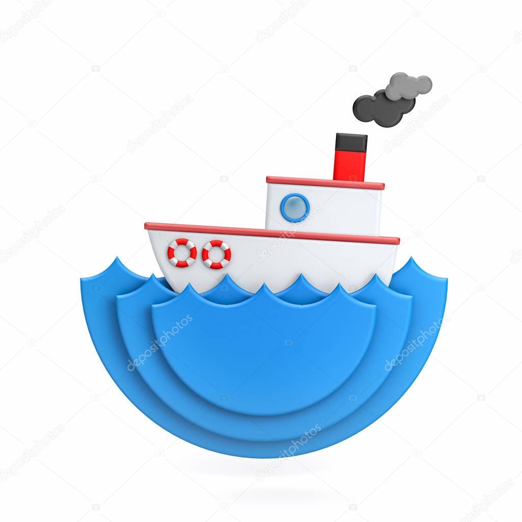 The boat floats on the waves - miniature, cartoon style. 3d illustration