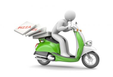 Kurye pizza bir scooter üzerinde sunar.. 