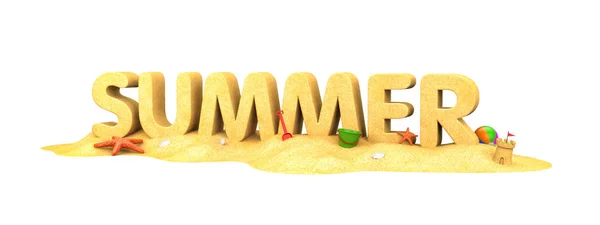 Zandstrand belettering zomer met speelgoed — Stockfoto