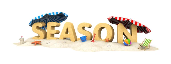 Sezóna - slovo z písku. — Stock fotografie