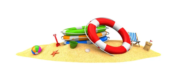 Куча спасательных колец на песчаном пляже — стоковое фото