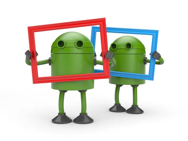 Green robots with picture frames — Stock Photo, Image