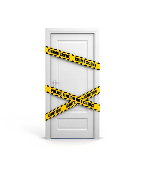 Closed door with yellow police tape — Stock Photo, Image