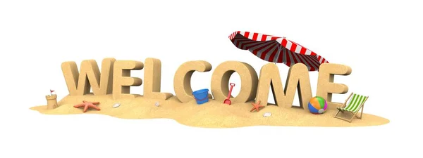 Üdvözöljük - szó a homok. 3D-s illusztráció — Stock Fotó