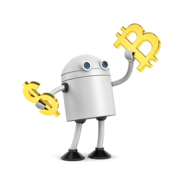 Robot tutun bitcoin ve dolar işareti. — Stok fotoğraf