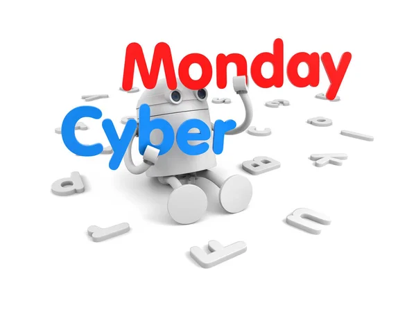 Weißer Roboter hält Worte - Cyber Monday. — Stockfoto