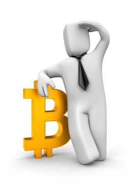 İşadamı Bitcoin tabelada yaslanmış