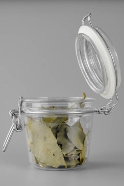 Koyu yapraklı cam kavanoz.