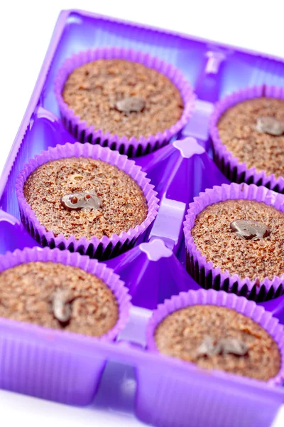 Chocolate Muffins Purple Paper Basket Selective Focus Shallow Depth Field — Stock Photo, Image