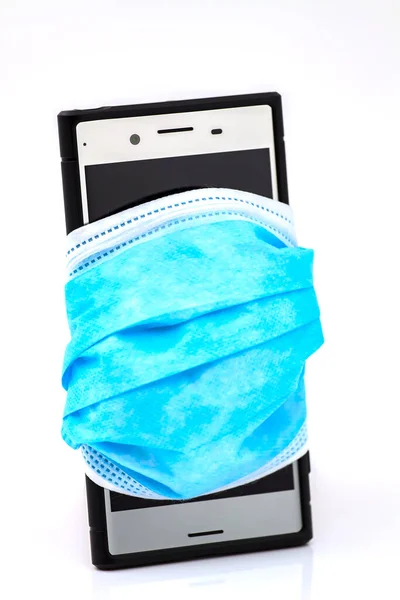 Metafora Higieny Komunikacji Społecznej Smartfon Medyczną Maską Ochronną Skupienie Selektywne — Zdjęcie stockowe