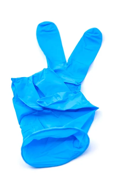 Blue Latex Glove Bent Fingers Victory Symbol Letter Selective Focus — Stock Photo, Image