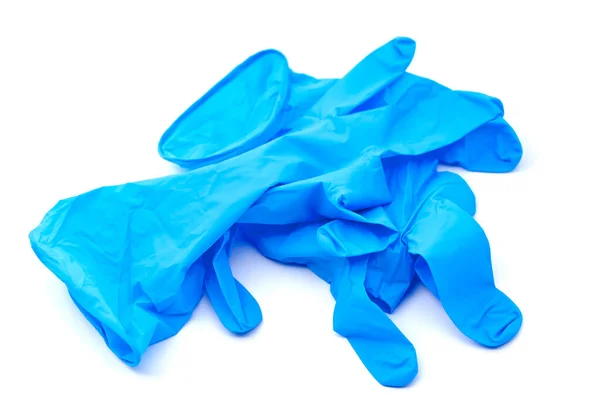 Para Bezpiecznych Niebieskich Rękawic Lateksowych Celów Higienicznych Skupienie Selektywne Płytką — Zdjęcie stockowe