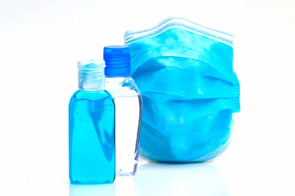 Bottles Antibacterial Disinfectant Disposable Mask Selective Focus Shallow Depth Field — Stock Photo, Image