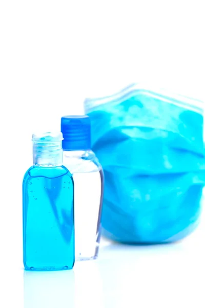 Bottles Antibacterial Disinfectant Disposable Mask Selective Focus Shallow Depth Field — Stock Photo, Image