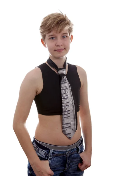 Transgender boy is showing binder and neck tie — Stock Photo, Image