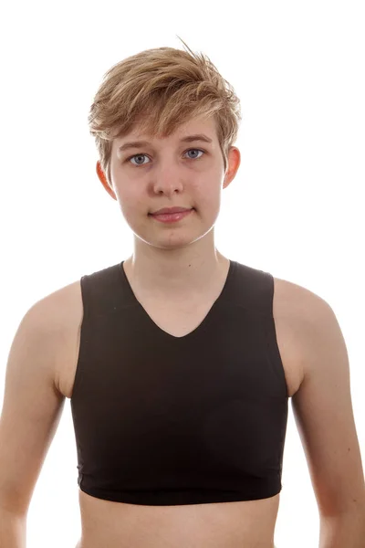 Transgênero menino está mostrando seu aglutinante — Fotografia de Stock