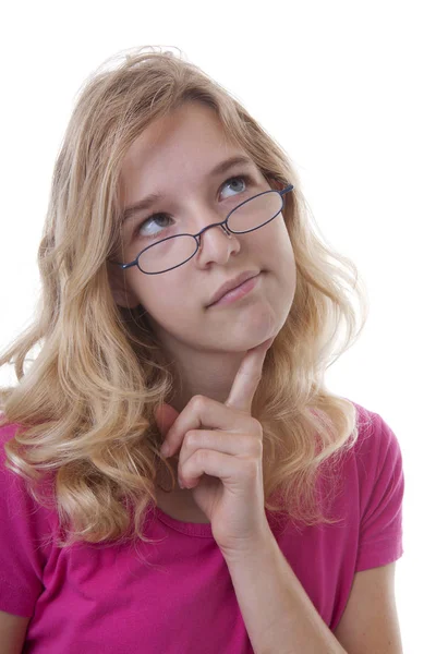 Teenagermädchen Denkt Mit Der Hand Unterm Kinn Isoliert Auf Weißem — Stockfoto