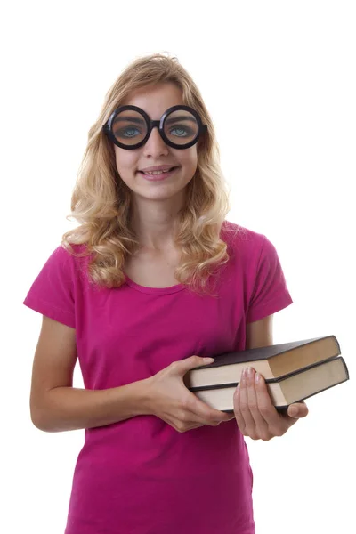 Teenager Studentin Blickt Mit Seltsamer Brille Die Kamera Und Hält — Stockfoto