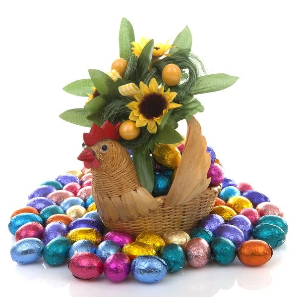 Easter Scenery Colorful Chocolate Eggs Flowers Chicken White Background — Stock Photo, Image