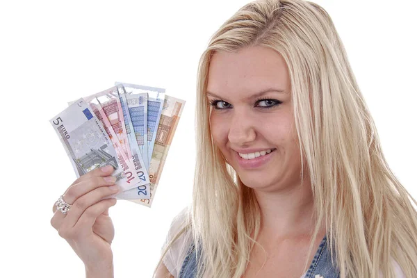 Young Blonde Woman Holding European Money White Background — Stock Photo, Image