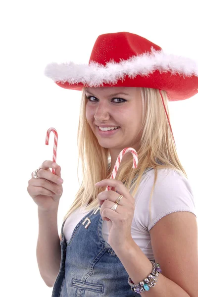 Attractive Young Blonde Female Wearing Christmas Clothes White Background — Stock Photo, Image