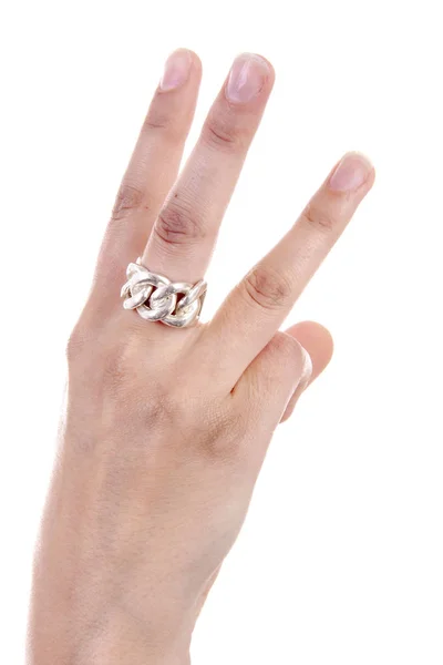 Mão Das Mulheres Está Segurando Três Dedos Sobre Fundo Branco — Fotografia de Stock