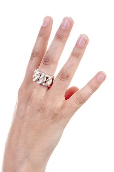 Frauenhand Hält Vier Finger Über Weißem Hintergrund Hoch — Stockfoto